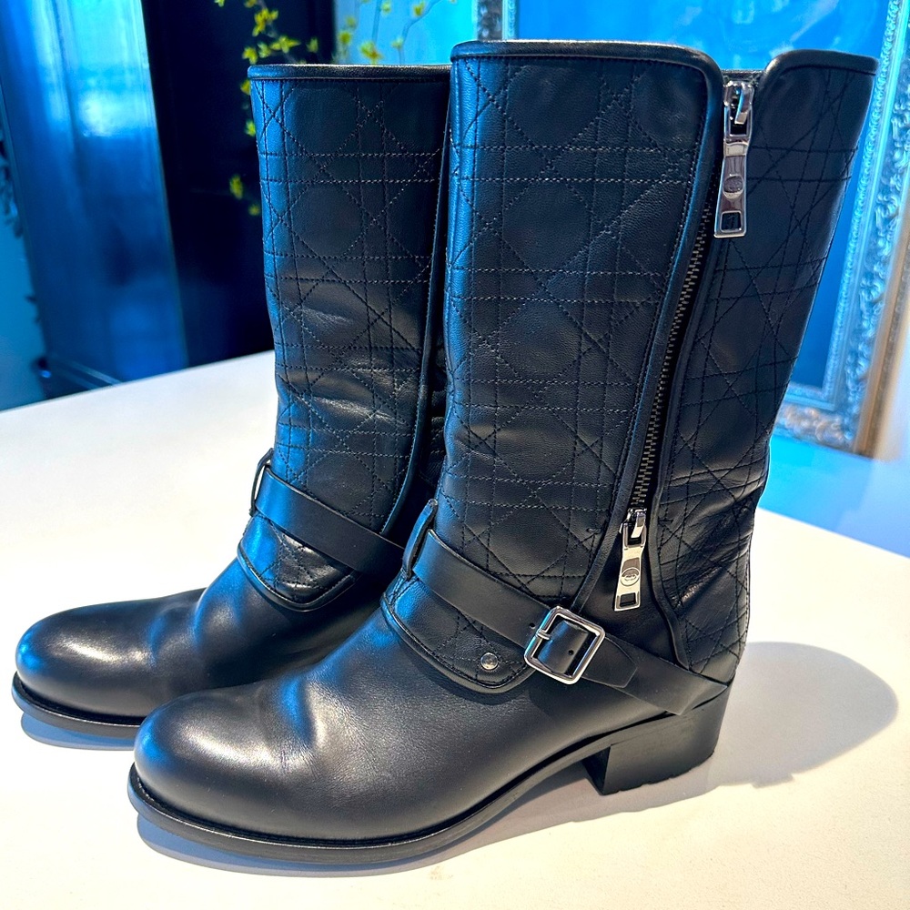 Dior Black Quilted Leather Motorcycle Boots